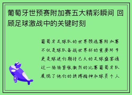 葡萄牙世预赛附加赛五大精彩瞬间 回顾足球激战中的关键时刻